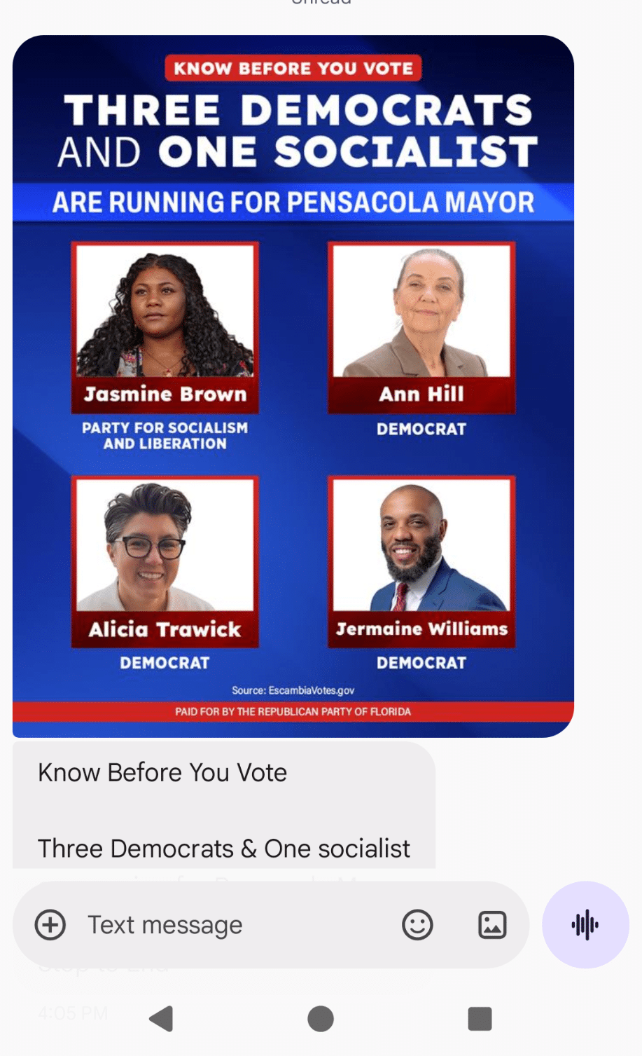 Campaign poster: 'Know Before You Vote' announcing three Democrats and one Socialist running for Pensacola mayor; Jasmine Brown (Socialism & Liberation), Ann Hill (Democrat), Alicia Trawick (Democrat), Jermaine Williams (Democrat).