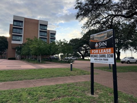 Commercial building with a 'For Lease' sign in the foreground near a sidewalk and trees by the parking lot.