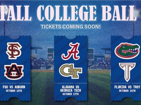 Fall College Ball poster with three blue banners displaying college logos on a baseball field and tickets coming soon text.