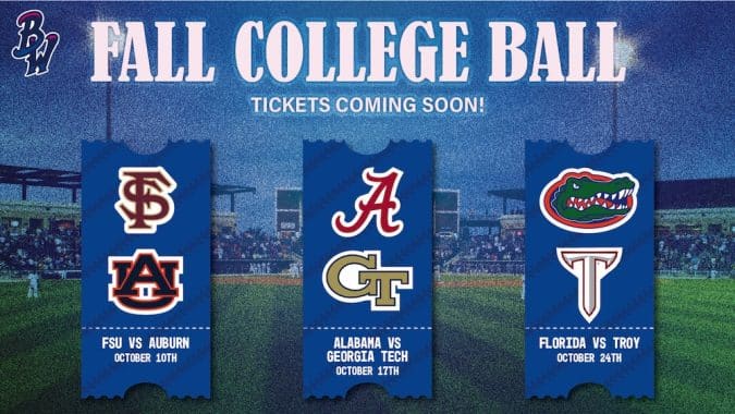 Fall College Ball poster with three blue banners displaying college logos on a baseball field and tickets coming soon text.