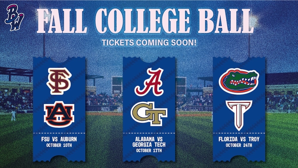 Fall College Ball poster with three blue banners displaying college logos on a baseball field and tickets coming soon text.