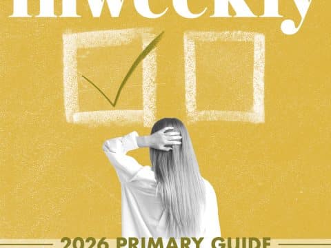 Cover image for Inweekly's 2026 Primary Guide: a woman shown from behind looking at two large chalk-style checkboxes, one checked.