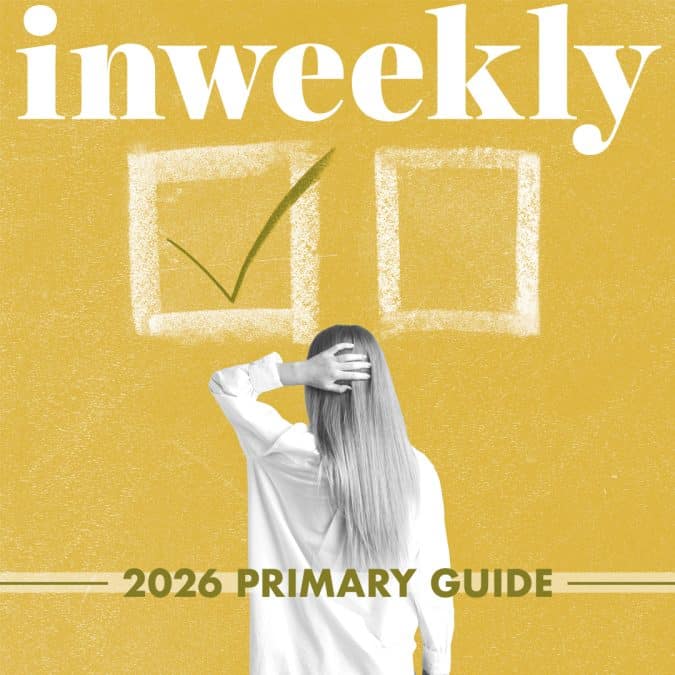 Cover image for Inweekly's 2026 Primary Guide: a woman shown from behind looking at two large chalk-style checkboxes, one checked.