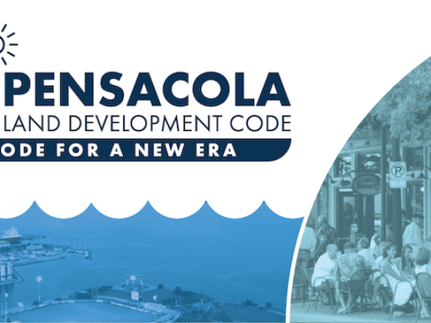 Pensacola Land Development Code banner with skyline, water, and outdoor café scene, tagline “A New Code for a New Era.”