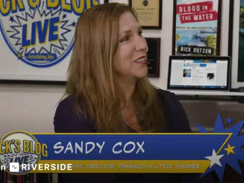 Sandy Cox seated at a desk in a studio, with a blue banner reading 'Sandy Cox' in the foreground and posters on the wall behind her.